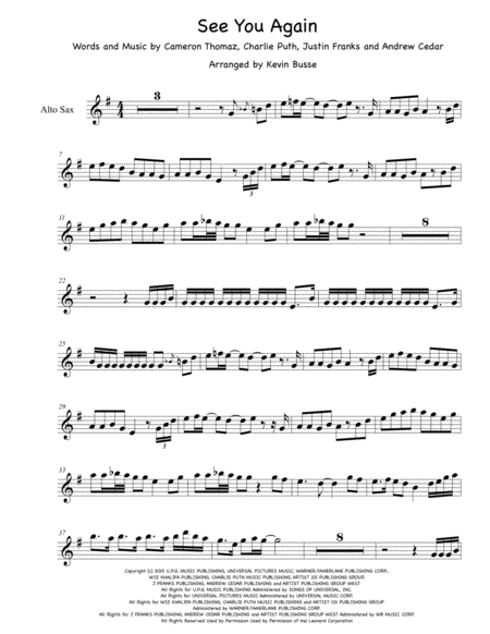 See You Again Original Key Alto Sax Sheet Music