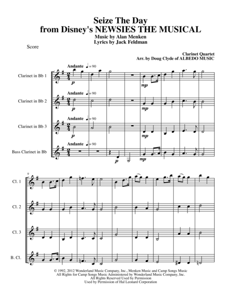 Seize The Day From Disneys Newsies The Musical For Clarinet Quartet Sheet Music