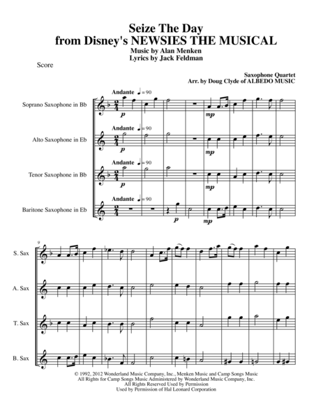 Free Sheet Music Seize The Day From Disneys Newsies The Musical For Saxophone Quartet