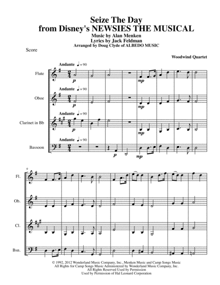 Seize The Day From Disneys Newsies The Musical For Woodwind Quartet Sheet Music