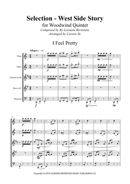 Selection West Side Story I Feel Pretty For Woodwind Quintet Sheet Music