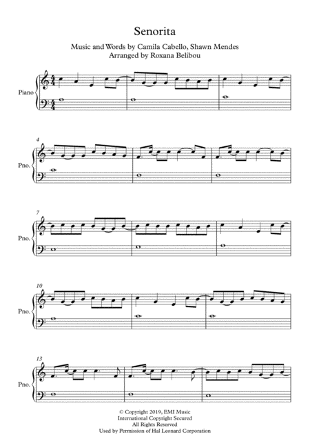 Free Sheet Music Seorita By Shawn Mendes And Camila Cabello Easy Piano