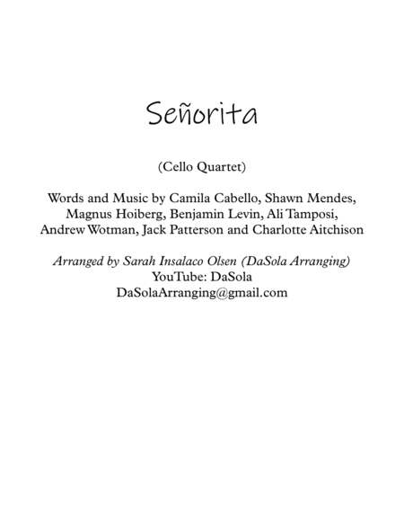 Seorita By Shawn Mendes Camila Cabello Cello Quartet Arranged By Dasola Sheet Music