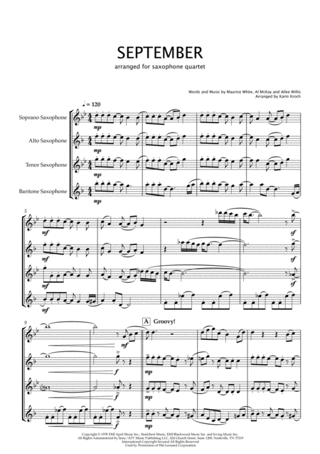 Free Sheet Music September For Saxophone Quartet Satb