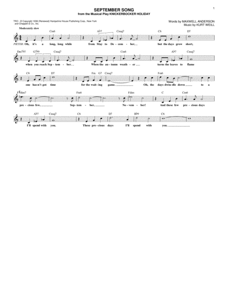 September Song From Knickerbocker Holiday Sheet Music