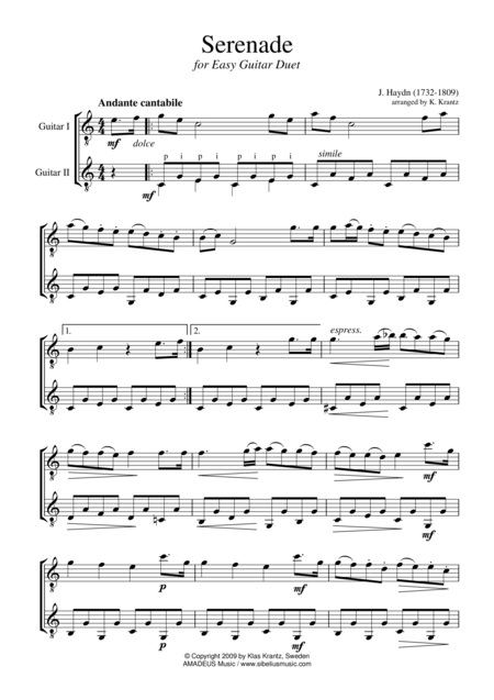 Serenade Abridged For Easy Guitar Duo Sheet Music