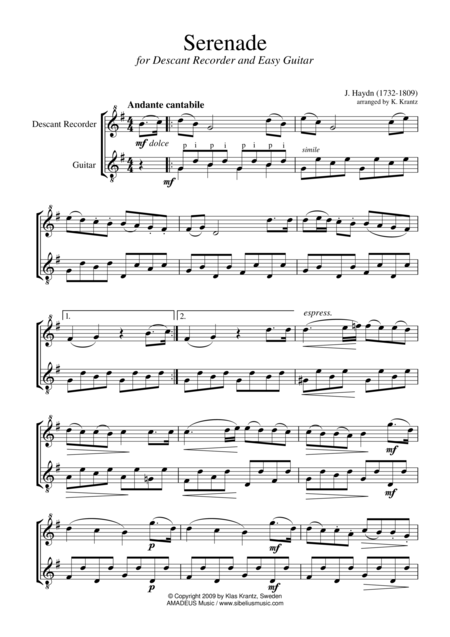 Serenade Abridged For For Descant Recorder And Guitar Sheet Music