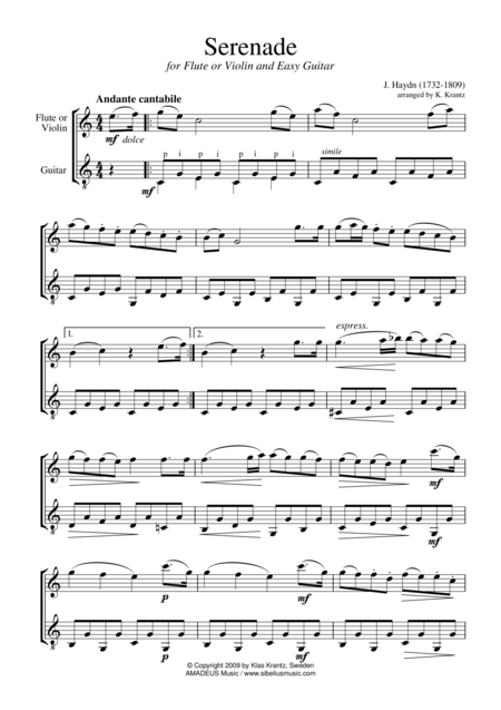 Serenade Abridged For Violin Or Flute And Easy Guitar Sheet Music