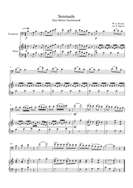 Serenade Eine Kleine Nachtmusik Wolfgang Amadeus Mozart For Trombone Piano Sheet Music