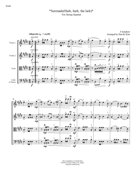 Serenade Hark Hark The Lark For String Quartet Sheet Music