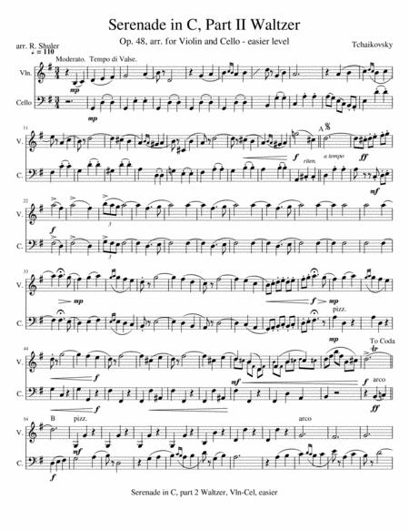 Serenade In C Part 2 Waltzer Tchaikovsky For Violin Cello Easier Sheet Music