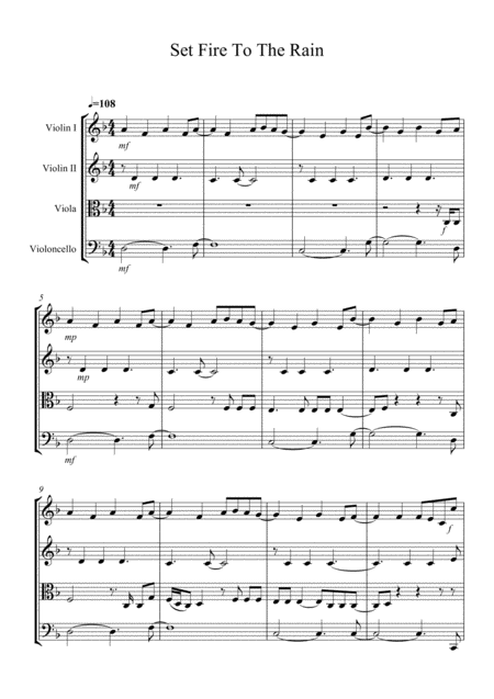 Free Sheet Music Set Fire To The Rain Arranged For String Quartet