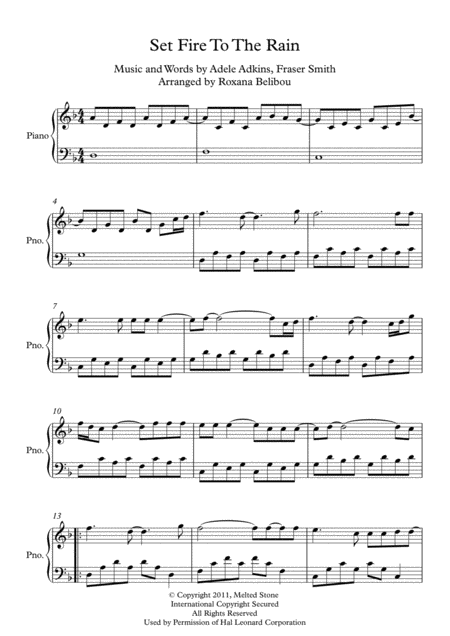 Set Fire To The Rain By Adele Piano Sheet Music