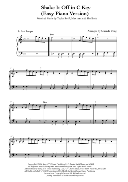 Free Sheet Music Shake It Off Easy Piano Solo