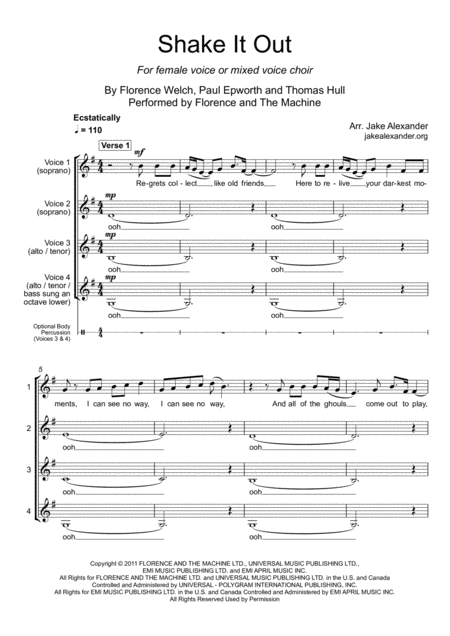 Shake It Out Ssaa Ssat Sstt Sstb Sheet Music