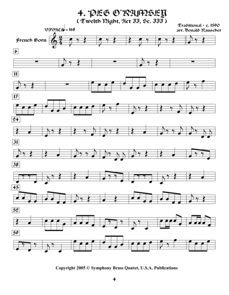 Free Sheet Music Shakespearean Music For Brass Quintet 4 Peg O Ramsey Twelfth Night French Horn