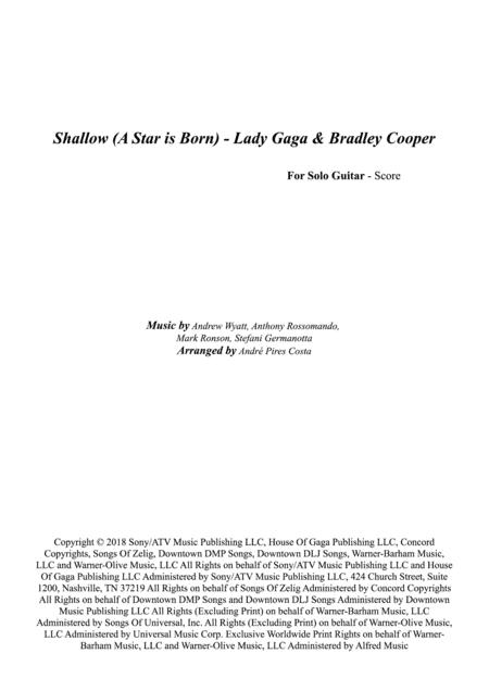 Shallow A Star Is Born Lady Gaga Bradley Cooper For Fingerstyle Guitar Score Sheet Music