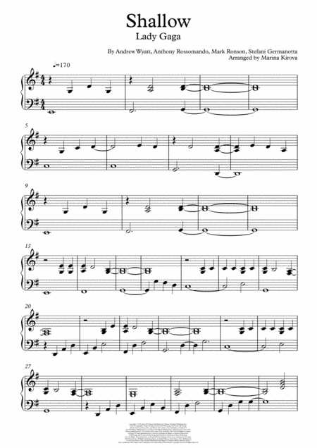 Shallow Advanced Piano Easy To Read Format Sheet Music