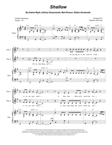 Shallow For 2 Part Choir Sheet Music