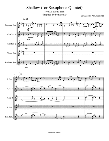 Free Sheet Music Shallow From A Star Is Born For Saxophone Quintet