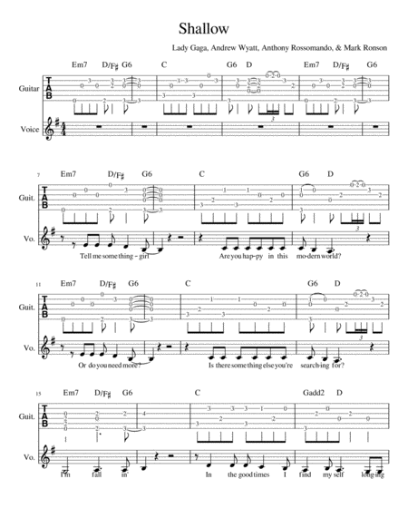 Shallow Lady Gaga Fingerstyle Guitar And Voice Sheet Music