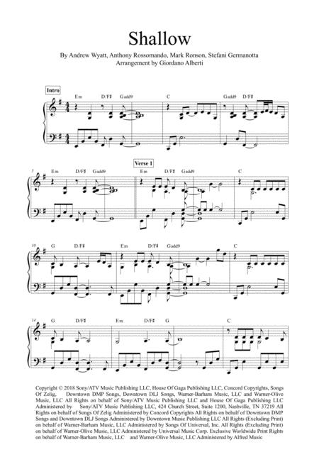 Shallow Lady Gaga Wonderful Piano Solo Arrangement Intermediate Level Sheet Music