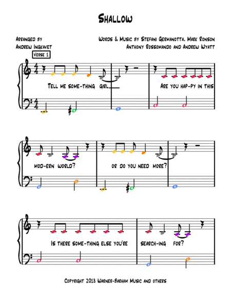 Free Sheet Music Shallow Musicolor Notation Phase 6 Easy