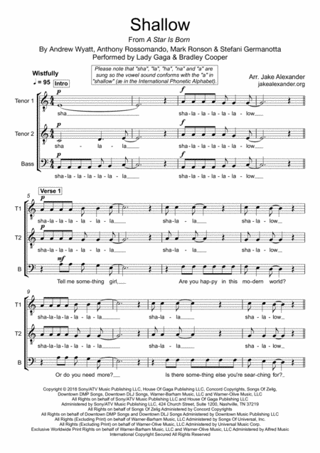 Shallow Ttb A Cappella Sheet Music