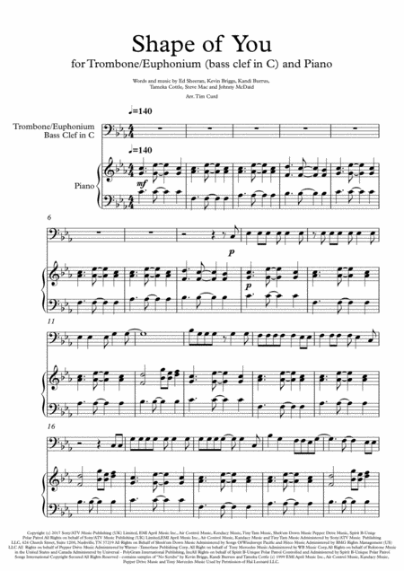 Shape Of You For Trombone Euphonium Bass Clef In C Sheet Music