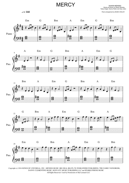 Free Sheet Music Shawn Mendes Mercy Easy Piano