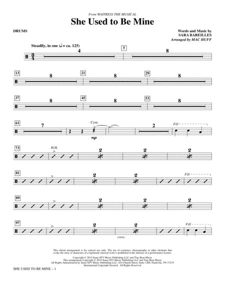 She Used To Be Mine From Waitress The Musical Arr Mac Huff Drums Sheet Music