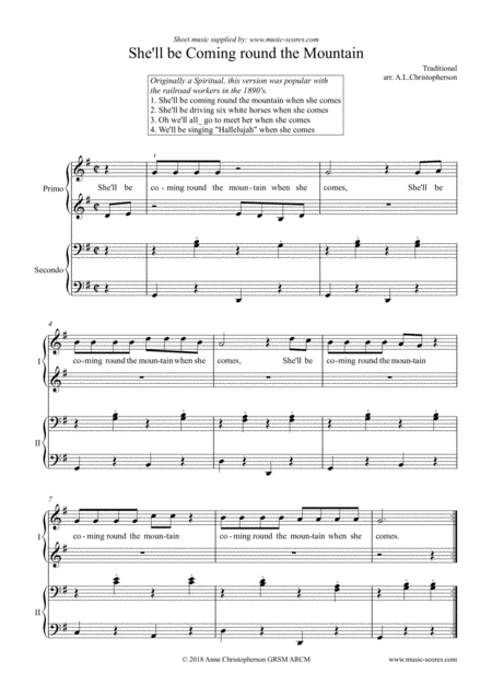 She Will Be Coming Round The Mountain When She Comes Piano Duet Sheet Music