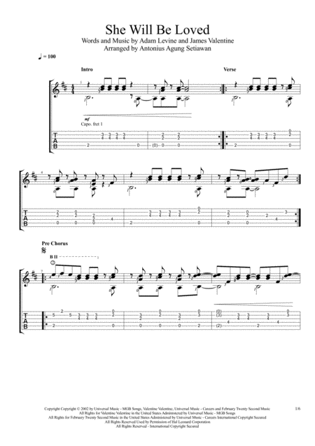 She Will Be Loved Fingerstyle Guitar Solo Sheet Music