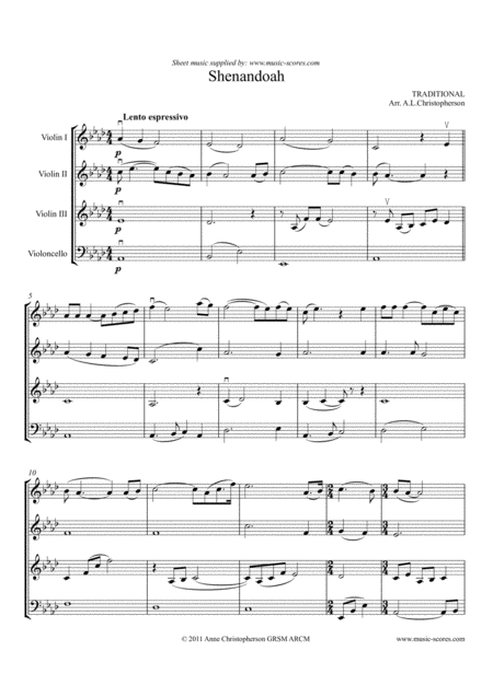 Free Sheet Music Shenandoah 3 Violins And Cello