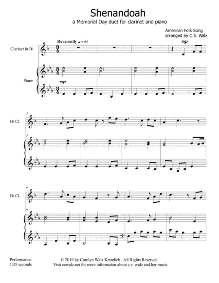 Shenandoah A Memorial Day Duet For Clarinet And Piano Sheet Music