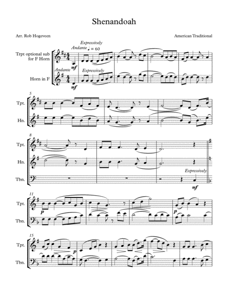Free Sheet Music Shenandoah For Brass Trio