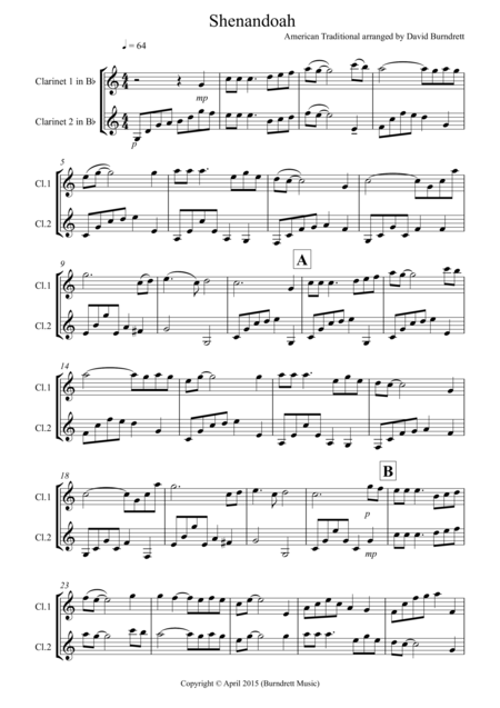 Shenandoah For Clarinet Duet Sheet Music