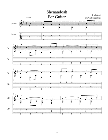 Free Sheet Music Shenandoah For Guitar