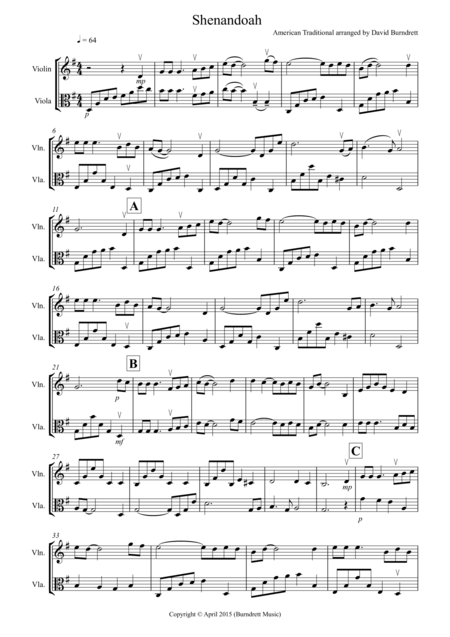 Free Sheet Music Shenandoah For Violin And Viola