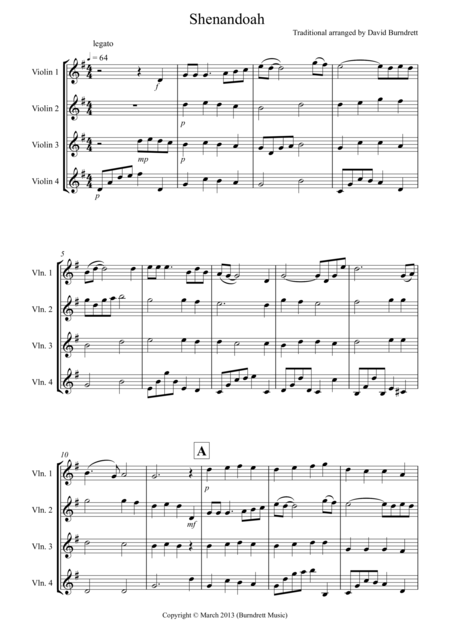 Free Sheet Music Shenandoah For Violin Quartet