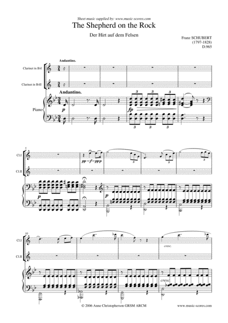 Shepherd On The Rock 2 Clarinets And Piano Sheet Music