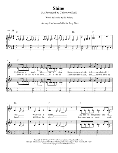 Shine As Recorded By Collective Soul For Easy Piano In The Key Of F Sheet Music