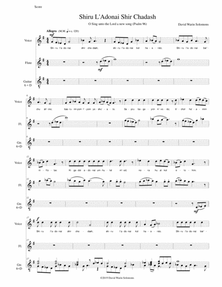 Free Sheet Music Shiru L Adonai Shir Chadash O Sing Unto The Lord A New Song Psalm 96 Verses 1 4 For Soprano Flute And Classical Guitar