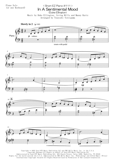 Free Sheet Music Short Ez Piano 111 In A Sentimental Mood Duke Ellington