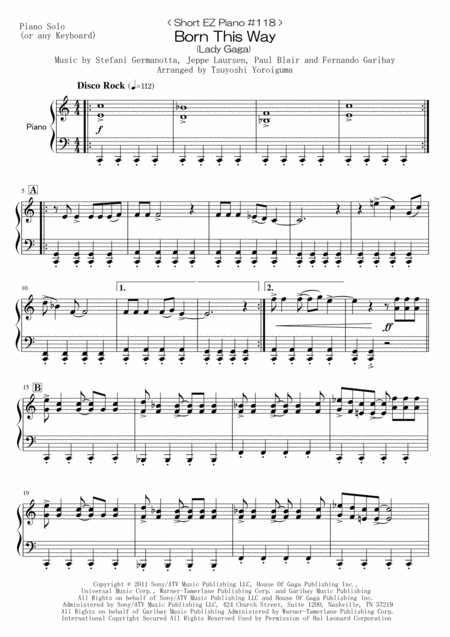 Short Ez Piano 118 Born This Way Lady Gaga Sheet Music