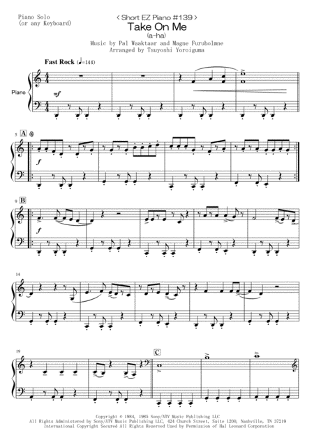 Short Ez Piano 139 Take On Me A Ha Sheet Music