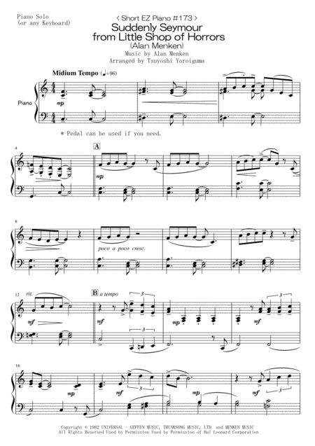Short Ez Piano 173 Suddenly Seymour From Little Shop Of Horrors Alan Menken Sheet Music