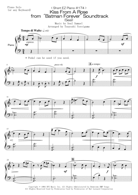 Short Ez Piano 174 Kiss From A Rose From Batman Forever Soundtrack Seal Sheet Music
