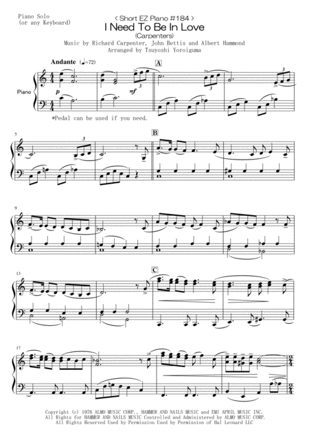 Short Ez Piano 184 I Need To Be In Love Carpenters Sheet Music