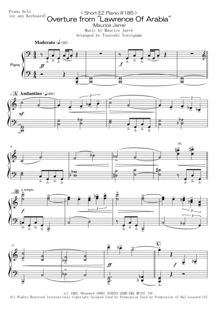 Short Ez Piano 185 Overture From Lawrence Of Arabia From Lawrence Of Arabia Sheet Music